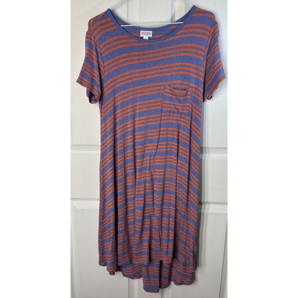 LuLaRoe Carly Dress Women's S Blue &Orange Stripe High-Low Hem Easy Care Comfort